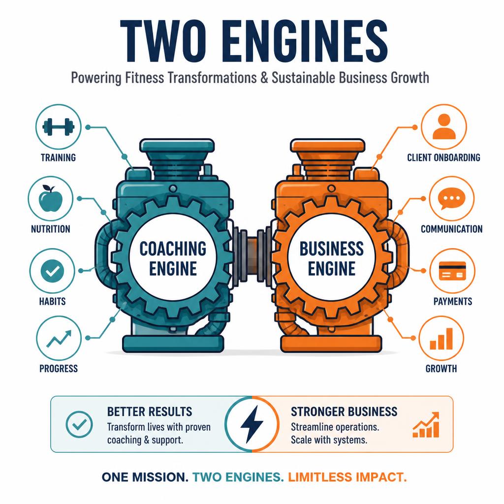 Illustration of two connected engines representing the Coaching Engine and the Business Engine