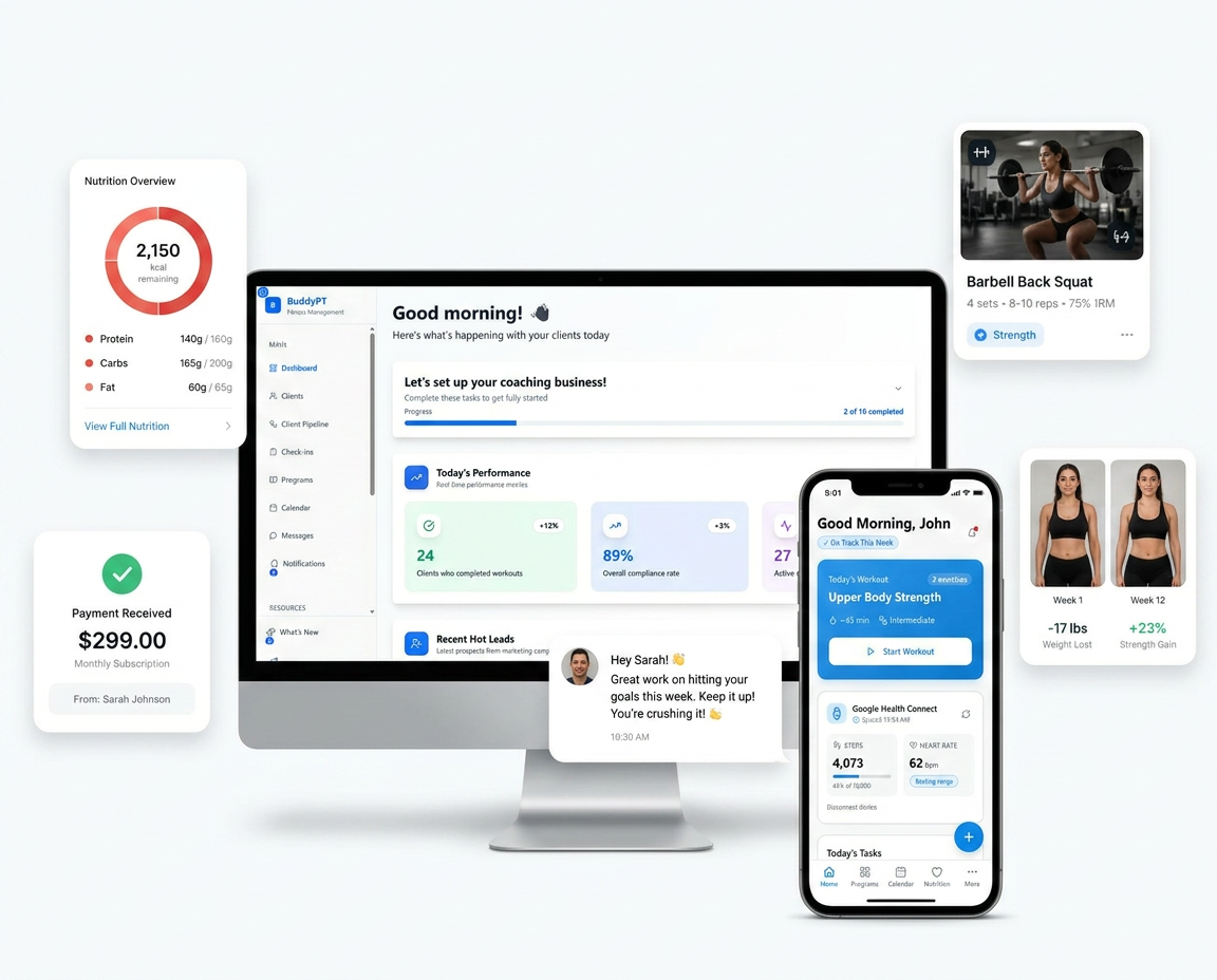 BuddyPT in action: coach dashboard, mobile app, client progress, workouts, nutrition tracking, and payments — everything a successful online coaching business needs in one platform
